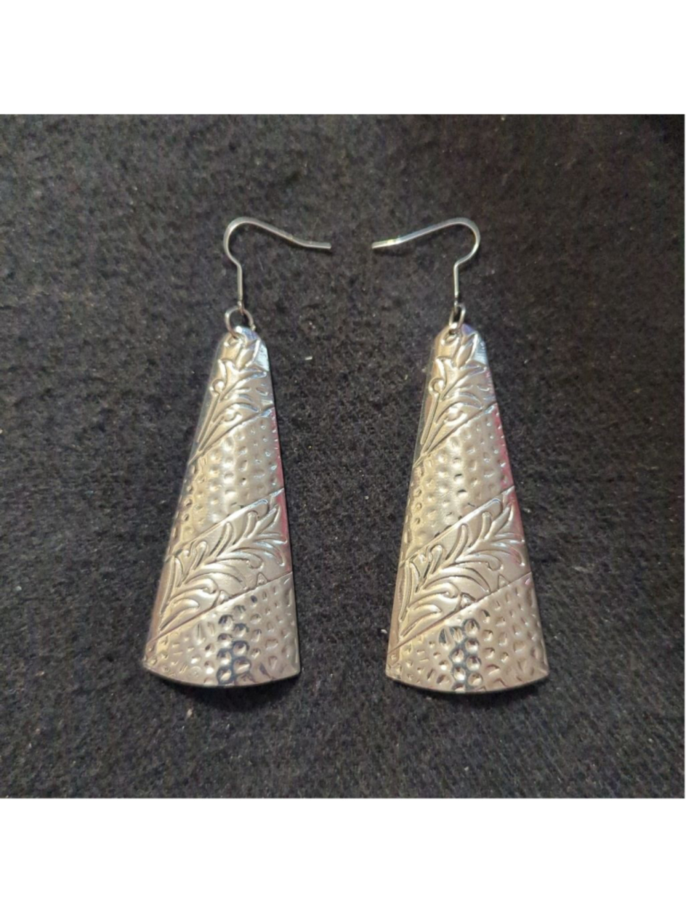 Silver Tone Textured Leaf Design Long Triangle Dangle Statement Earrings